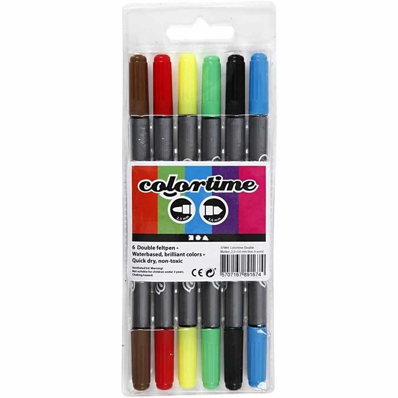Colortime Dual-Filzstifte, Strichstärke 2,3+3,6 mm, Standard-Farben, 6 Stk/ 1 Pck [HOB-37984]