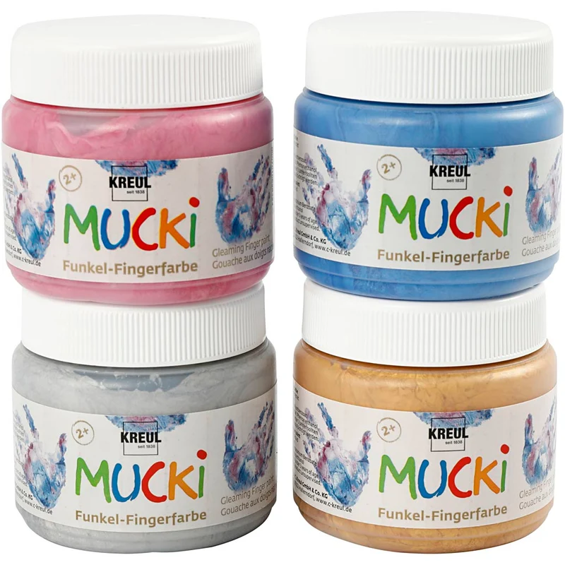 Mucki Fingerfarbe, Metallic-Blau, Metalic-gold, Metallic-Rosa, Metallic-Silber, 4x150 ml/ 1 Pck [HOB-34750]