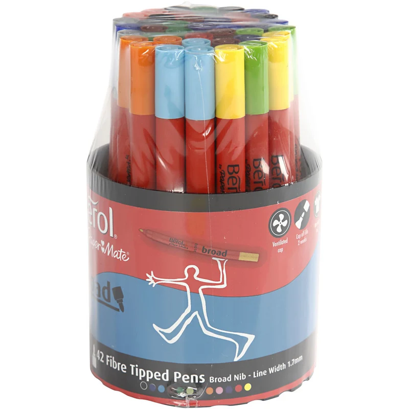 Berol Colour Broad Filzstifte, D 10 mm, Strichstärke 1-1,7 mm, Sortierte Farben, 42 Stk/ 1 Dose [HOB-37280]