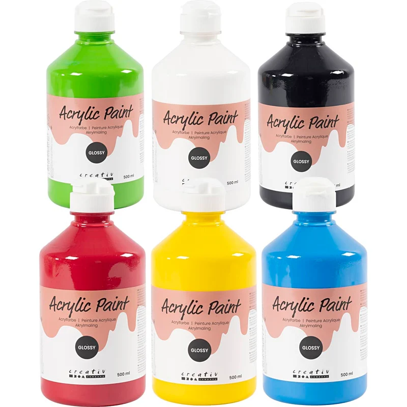 Acrylfarbe, glänzend, Primärfarben, 6x500 ml/ 1 Pck [HOB-32032]