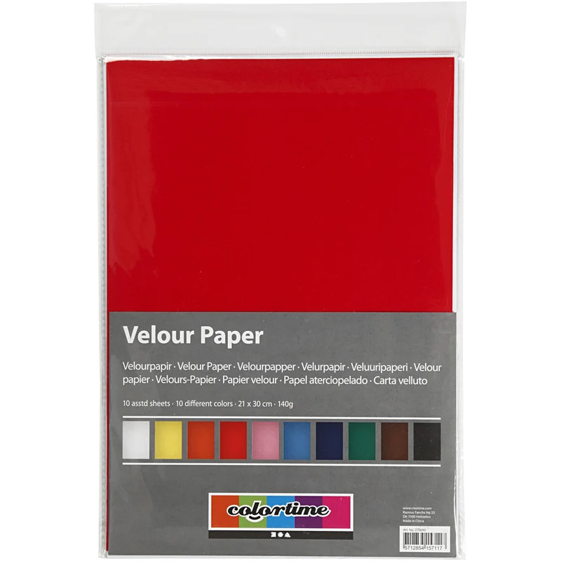 Velourpapier, A4, Blatt 210x297 mm, 140 g, Sortierte Farben, 10 Bl./ 1 Pck [HOB-270690]