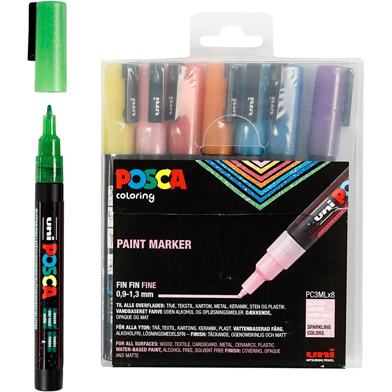 Posca Marker , Nr. PC-3ML, Strichstärke 0,9-1,3 mm, Glitter-Farben, 8 Stk/ 1 Pck [HOB-274899]
