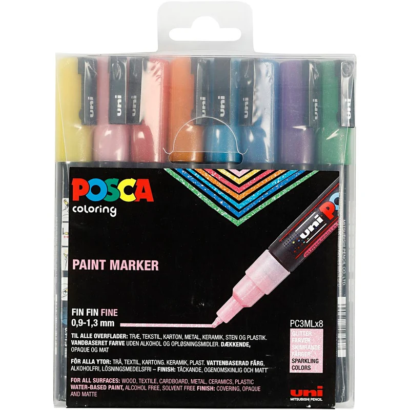 Posca Marker , Nr. PC-3ML, Strichstärke 0,9-1,3 mm, Glitter-Farben, 8 Stk/ 1 Pck [HOB-274899]