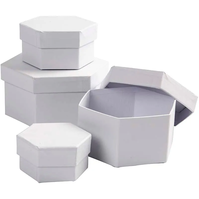 Schachteln, sechseckig, H 4+5+6+7 cm, D 6,5+8+10+12 cm, Weiß, 4 Stk/ 1 Set [HOB-264070]