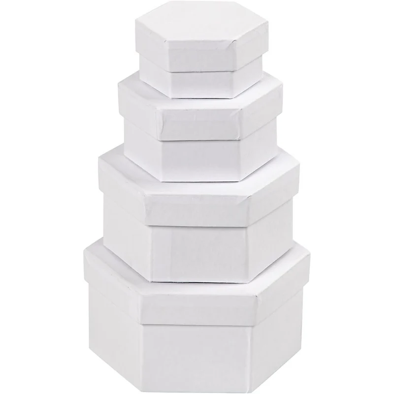 Schachteln, sechseckig, H 4+5+6+7 cm, D 6,5+8+10+12 cm, Weiß, 4 Stk/ 1 Set [HOB-264070]