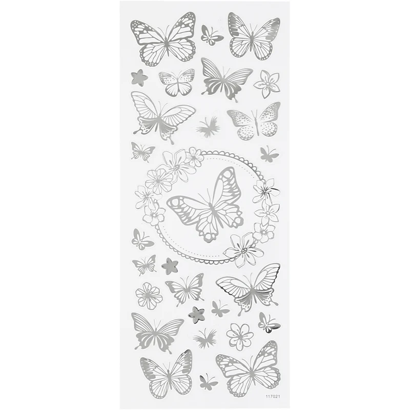 Sticker mit Sternen, Schmetterling, Blatt 10x24 cm, ca. 28 Stk, Silber, 1 Bl. [HOB-29143]