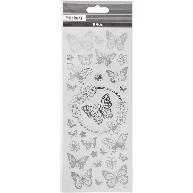 Sticker mit Sternen, Schmetterling, Blatt 10x24 cm, ca. 28 Stk, Silber, 1 Bl. [HOB-29143]