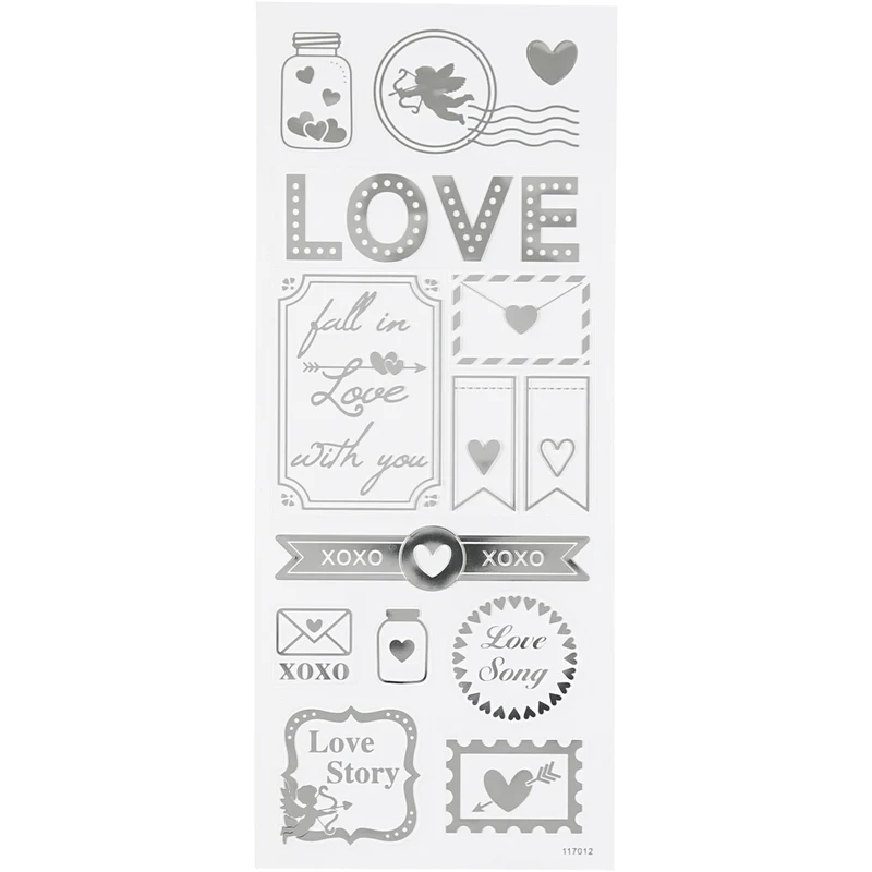 Sticker mit Sternen, Love, Blatt 10x24 cm, ca. 14 Stk, Silber, 1 Bl. [HOB-29142]