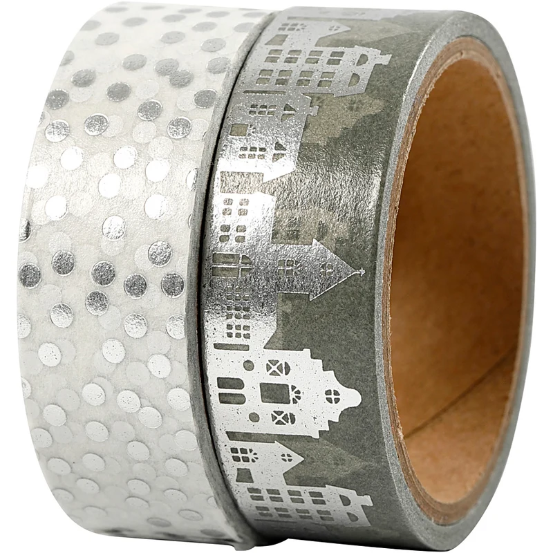 Washi Tape, Häuser & Punkte - Folie, B 15 mm, Silber, 2x4 m/ 1 Pck [HOB-24798]
