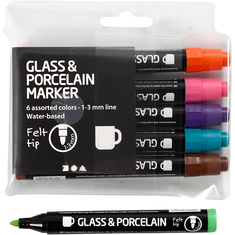 Glas-/Porzellanmarker, Strichstärke 1-3 mm, Halbdeckend, Zusätzliche Farben, 6 Stk/ 1 Pck [HOB-31652]