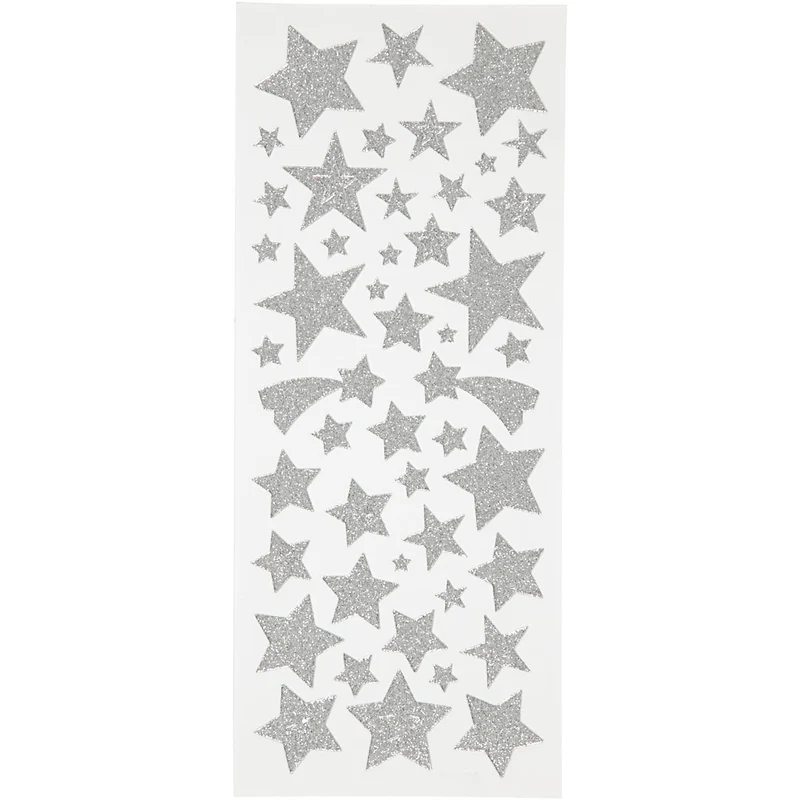 Glitzeraufkleber, Sterne, Blatt 10x24 cm, ca. 110 Stk, Silber, 2 Bl./ 1 Pck [HOB-29111]