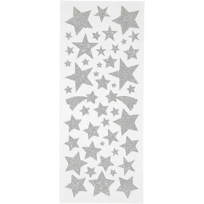 Glitzeraufkleber, Sterne, Blatt 10x24 cm, ca. 110 Stk, Silber, 2 Bl./ 1 Pck [HOB-29111]