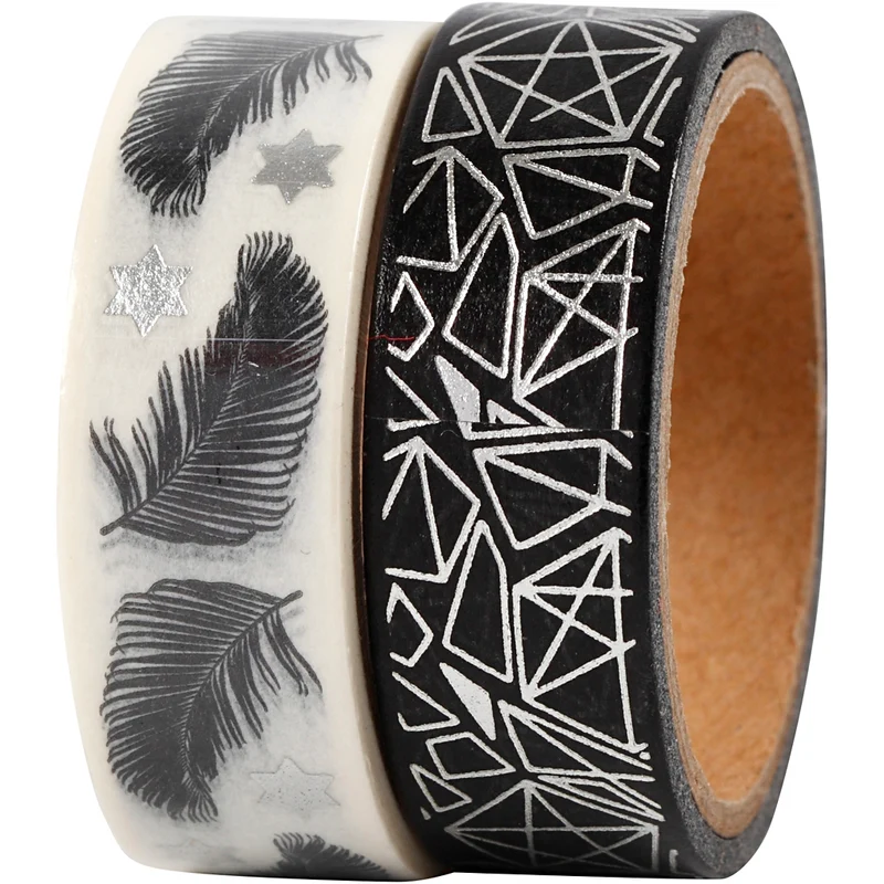 Washi Tape, Federn und graphisches Muster - Glanzfolie, B 15 mm, 2x4 m/ 1 Pck [HOB-24772]