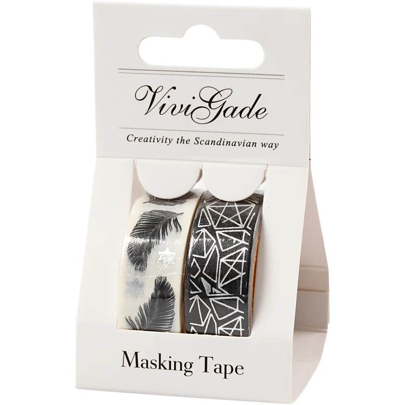 Washi Tape, Federn und graphisches Muster - Glanzfolie, B 15 mm, 2x4 m/ 1 Pck [HOB-24772]