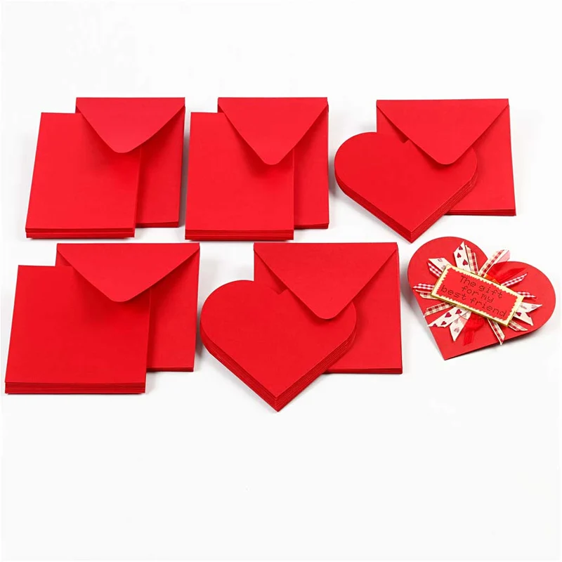 Karten in Herzform, Kartengröße 12,5x12,5 cm, Umschlaggröße 13,5x13,5 cm, Rot, 10 Set/ 1 Pck [HOB-23762]