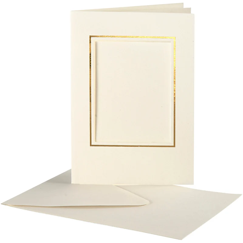 Passepartout-Karten mit Kuverts, Rechteckiger Ausschnitt mit Goldkante, Kartengröße 10,5x15 cm, Umschlaggröße 11,5x16,5 cm, Naturweiß, 10 Set/ 1 Pck [HOB-23726]