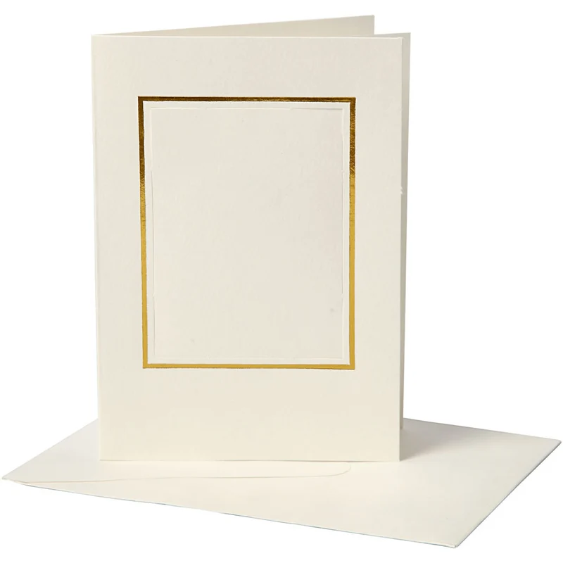 Passepartout-Karten mit Kuverts, Rechteckiger Ausschnitt mit Goldkante, Kartengröße 10,5x15 cm, Umschlaggröße 11,5x16,5 cm, Naturweiß, 10 Set/ 1 Pck [HOB-23726]
