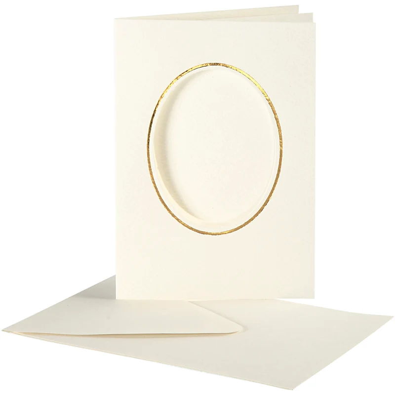 Passepartout-Karten mit Kuverts, Ovaler Ausschnitt mit Goldkante, Kartengröße 10,5x15 cm, Umschlaggröße 11,5x16,5 cm, Naturweiß, 10 Set/ 1 Pck [HOB-23724]