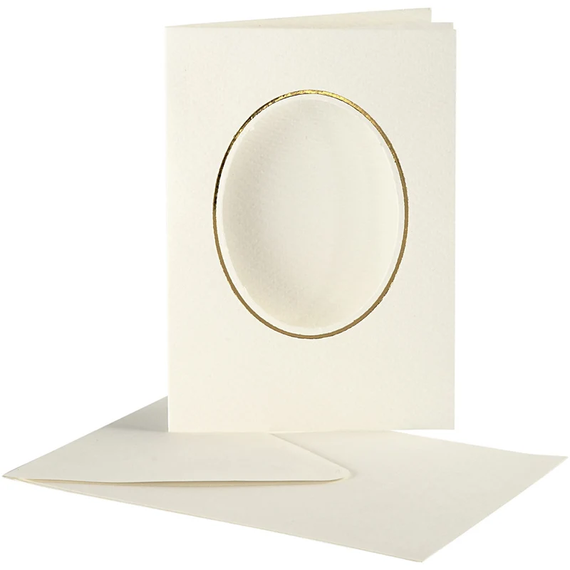 Passepartout-Karten mit Kuverts, Ovaler Ausschnitt mit Goldkante, Kartengröße 10,5x15 cm, Umschlaggröße 11,5x16,5 cm, Naturweiß, 10 Set/ 1 Pck [HOB-23724]