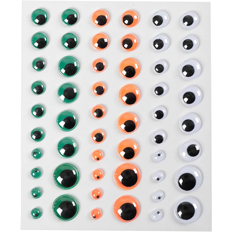 Wackelaugen, selbstklebend, D 6+8+10+12+15 mm, Grün, Orange, Weiß, 54 Stck., 1 Bl. [HOB-28994]