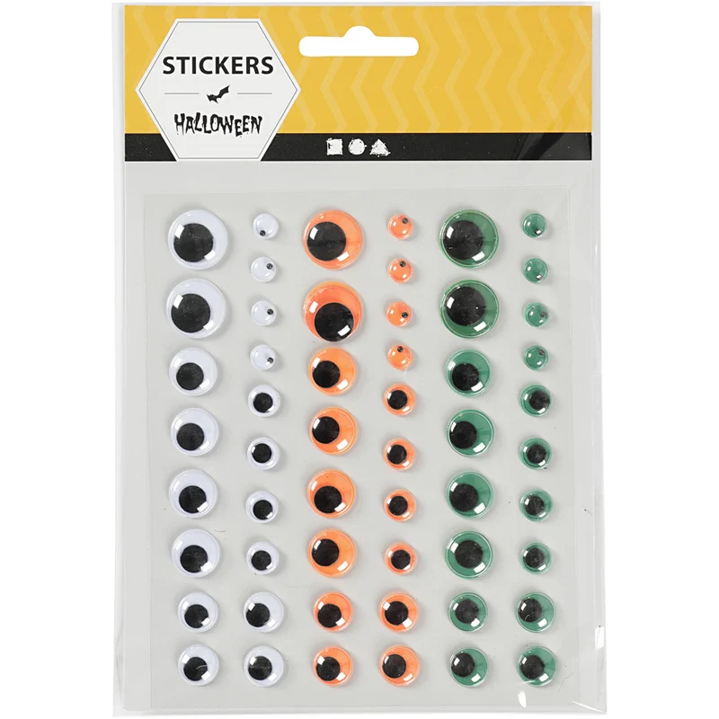Wackelaugen, selbstklebend, D 6+8+10+12+15 mm, Grün, Orange, Weiß, 54 Stck., 1 Bl. [HOB-28994]