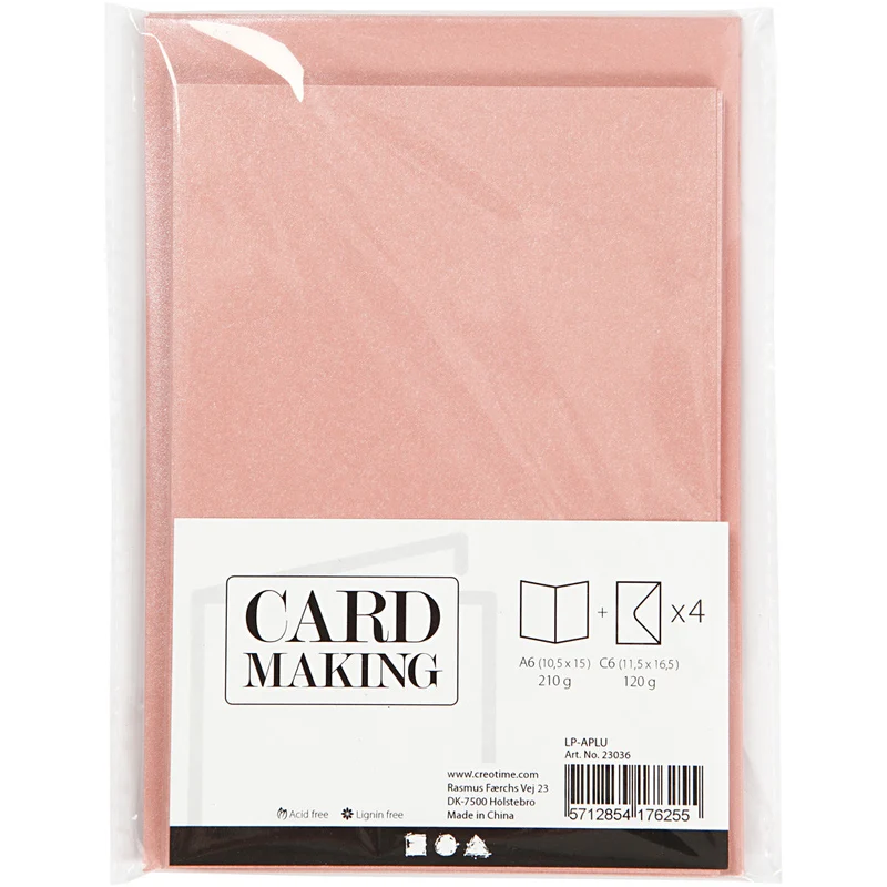 Briefkarte und Briefumschlag, Kartengröße 10,5x15 cm, Umschlaggröße 11,5x16,5 cm, Perlmutt, 120+210 g, Rosa, 4 Set/ 1 Pck [HOB-23036]