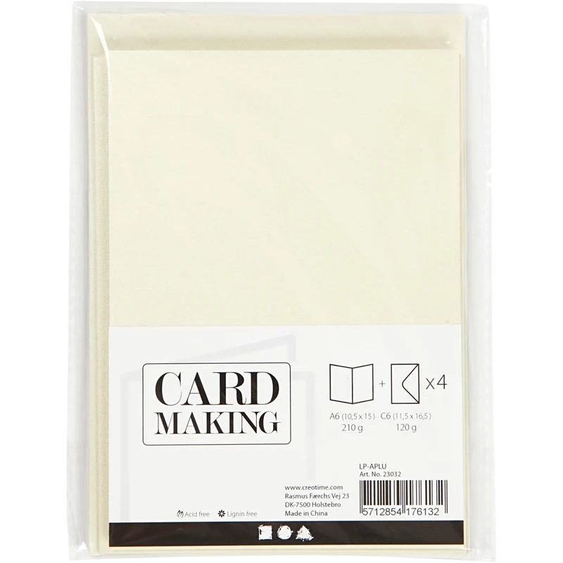 Briefkarte und Briefumschlag, Kartengröße 10,5x15 cm, Umschlaggröße 11,5x16,5 cm, Perlmutt, 120+210 g, Naturweiß, 4 Set/ 1 Pck [HOB-23032]