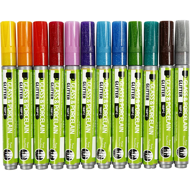 Glas-/Porzellanmalstift, Glitter, Strichstärke 2-4 mm, Halbdeckend, Sortierte Farben, 12 Stk/ 1 Pck [HOB-31312]