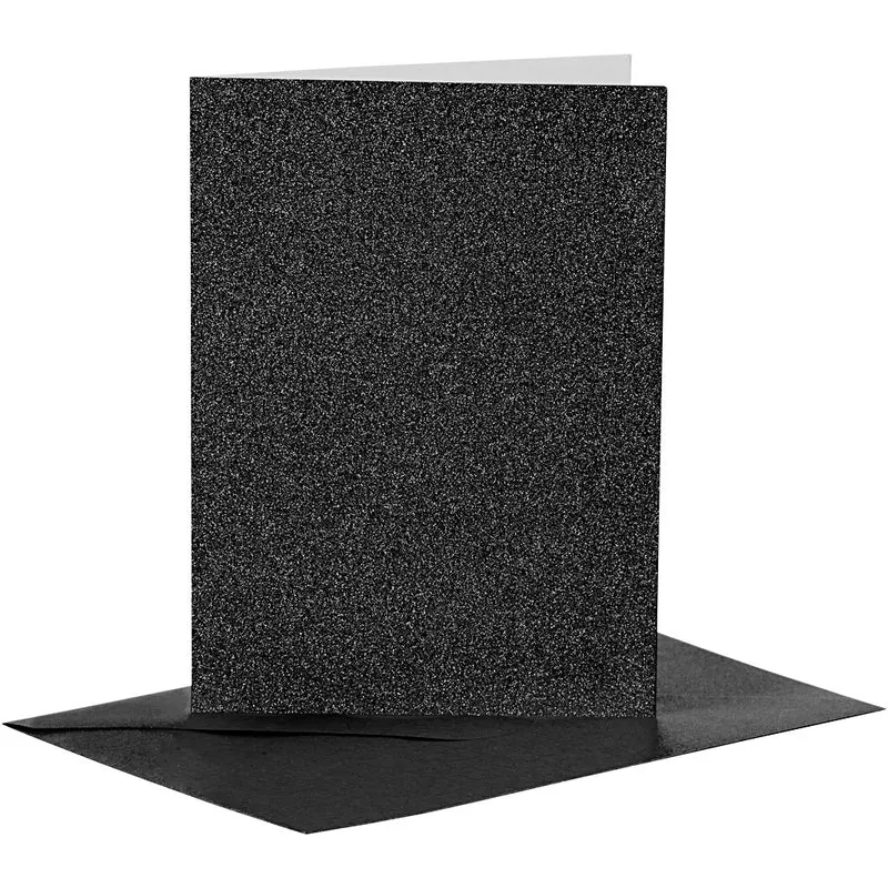 Karten & Kuverts, Kartengröße 10,5x15 cm, Umschlaggröße 11,5x16,5 cm, Glitter, 110+250 g, Schwarz, 4 Set/ 1 Pck [HOB-23027]