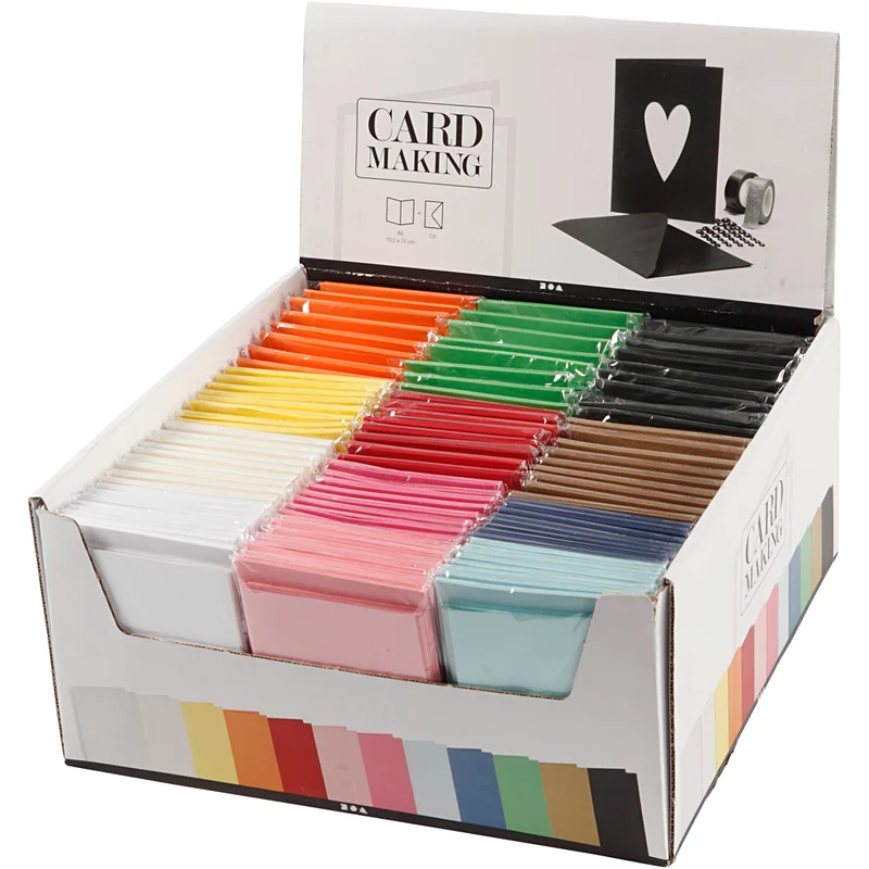 Karten & Kuverts im Set mit Display, Kartengröße 10,5x15 cm, Umschlaggröße 11,5x16,5 cm, Sortierte Farben, 12x10 Pck/ 1 Pck [HOB-23022]