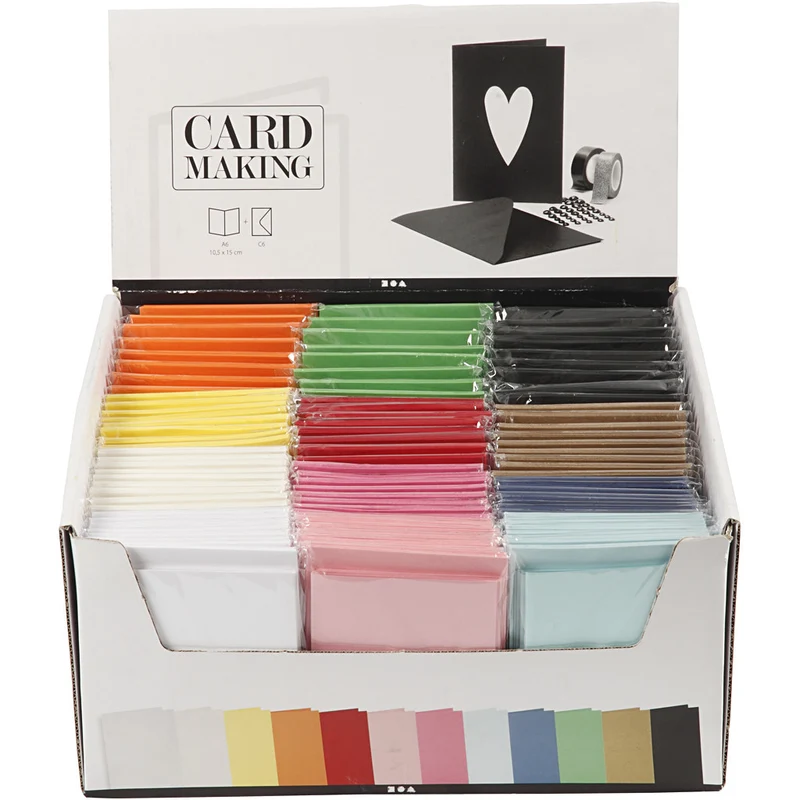 Karten & Kuverts im Set mit Display, Kartengröße 10,5x15 cm, Umschlaggröße 11,5x16,5 cm, Sortierte Farben, 12x10 Pck/ 1 Pck [HOB-23022]
