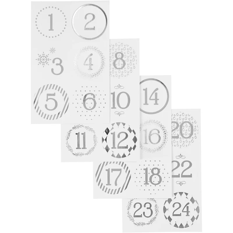 Sticker für Adventskalender, D 40 mm, Blatt 9x14 cm, Silber, Weiß, 4 Bl./ 1 Pck [HOB-28458]