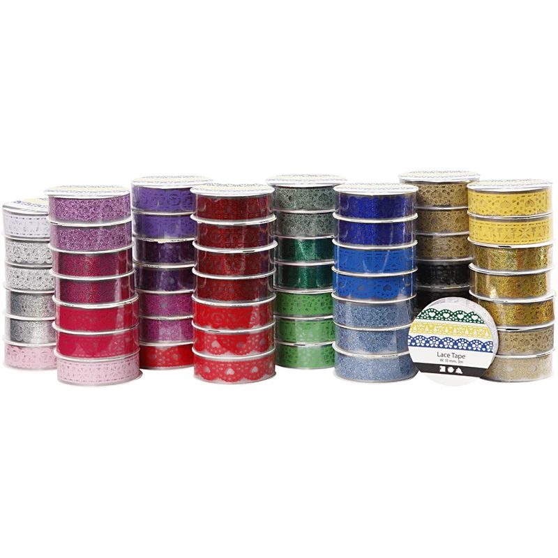 Klebeband mit Spitzenmuster - Sortiment, B 15 mm, Sortierte Farben, 56x3 m/ 1 Pck [HOB-24614]