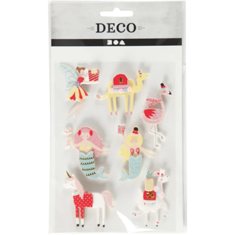 3D Sticker, Flamingo, Lama, Meerjungfrau, H 50-60 mm, B 30-45 mm, Dicke 7 mm, 7 Stk/ 1 Pck [HOB-27695]