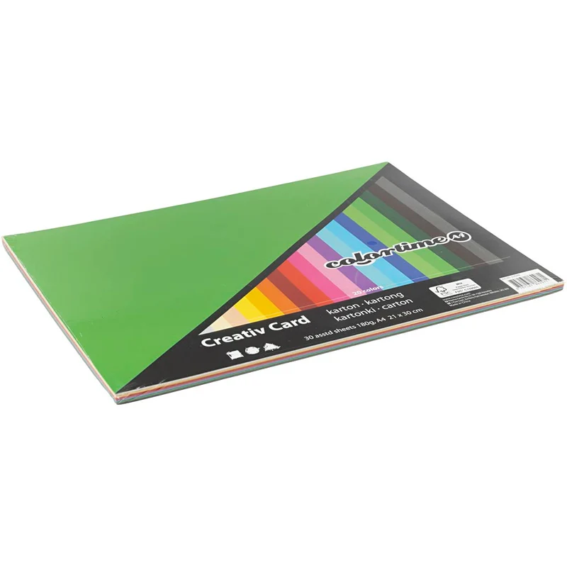 Bastelkarton, farbig, A4, Blatt 210x297 mm, 180 g, Sortierte Farben, 30 Bl. sort./ 1 Pck [HOB-214240]