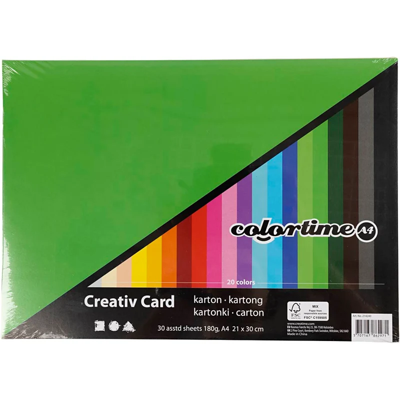Bastelkarton, farbig, A4, Blatt 210x297 mm, 180 g, Sortierte Farben, 30 Bl. sort./ 1 Pck [HOB-214240]