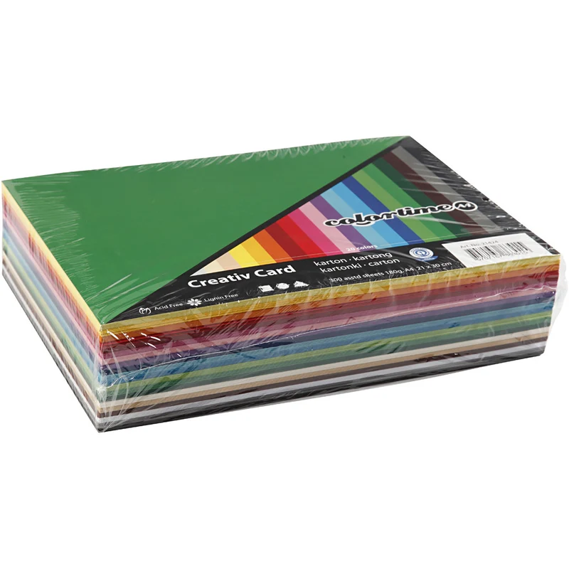 Bastelkarton, farbig, A4, Blatt 210x297 mm, 180 g, Sortierte Farben, 300 Bl. sort./ 1 Pck [HOB-21424]
