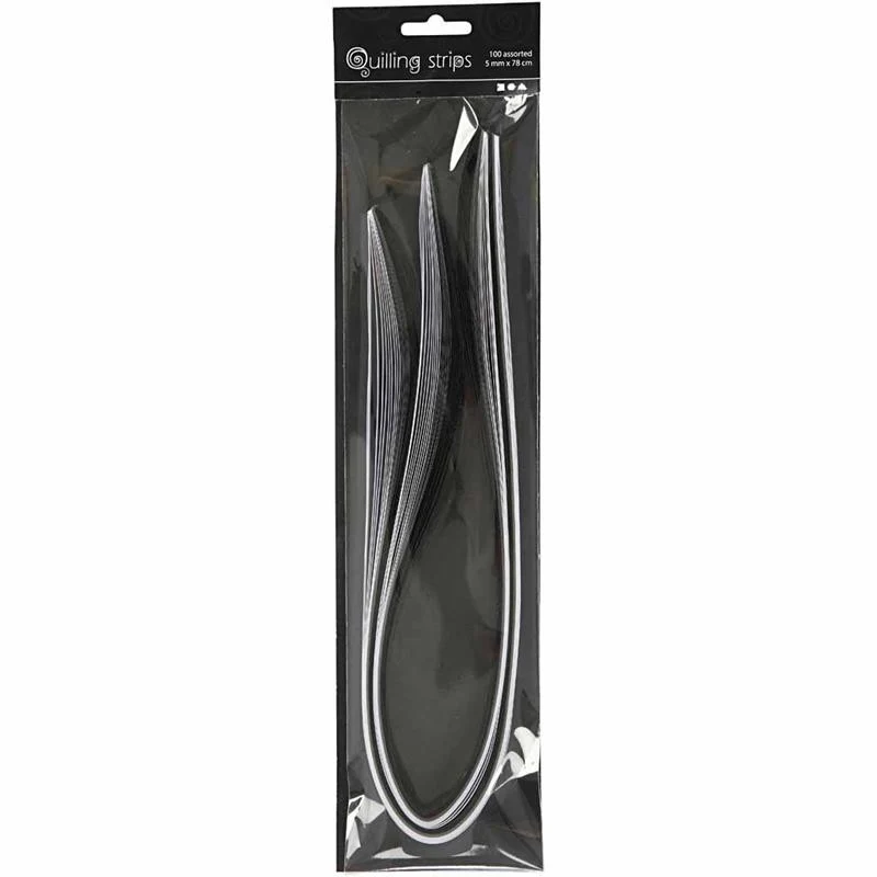 Quilling-Streifen, L 78 cm, B 5 mm, 120 g, Schwarz, Grau, Weiß, 100 Stk/ 1 Pck [HOB-20797]