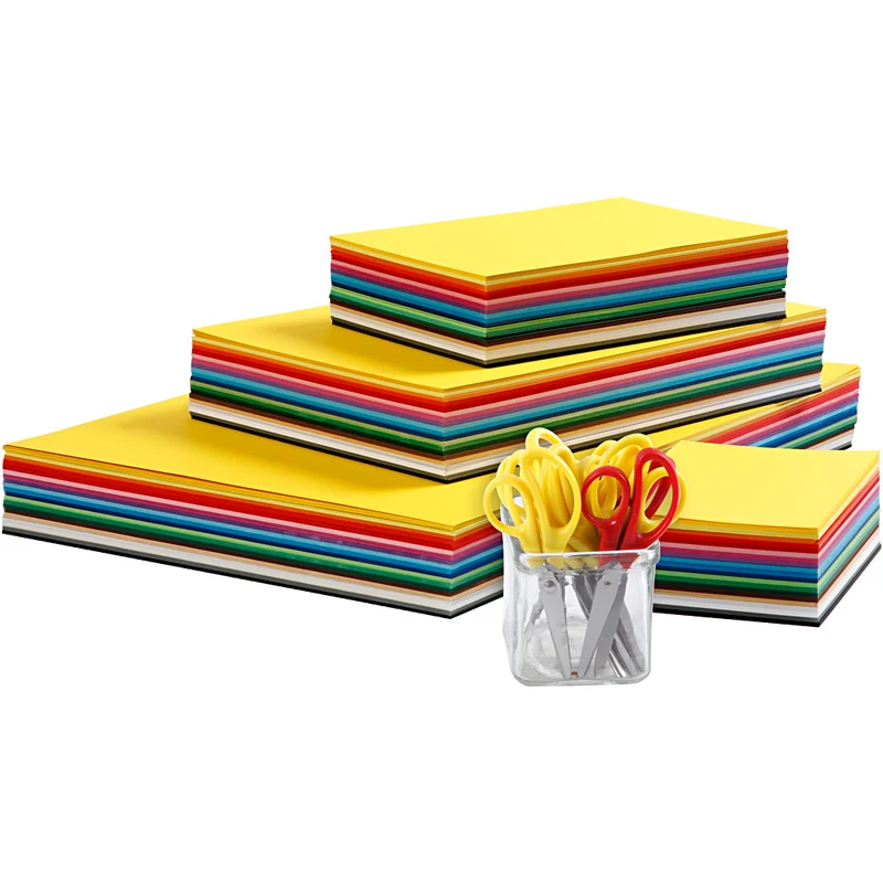 Farbiger Bastelkarton und Kinderscheren, A3,A4,A5,A6, 180 g, Sortierte Farben, 1 Set [HOB-21401]