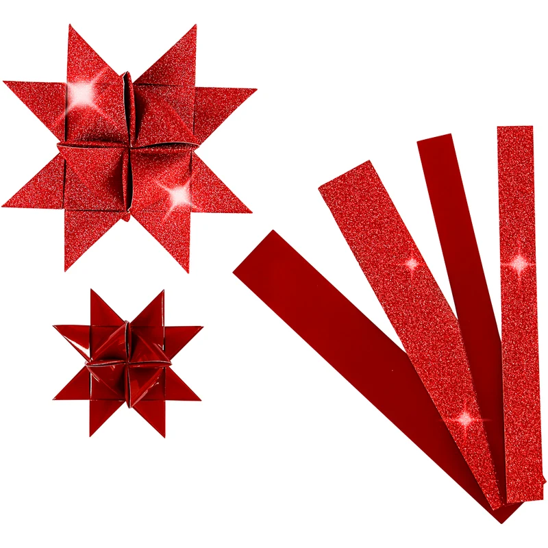 Papierstreifen für Fröbelsterne, L 44+78 cm, D 6,5+11,5 cm, B 15+25 mm, Glitter,Lack, Rot, 40 Streifen/ 1 Pck [HOB-20775]
