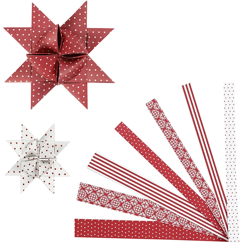 Papierstreifen für Fröbelsterne, L 44+78 cm, D 6,5+11,5 cm, B 15+25 mm, Rot, Weiß, 60 Streifen/ 1 Pck [HOB-22248]