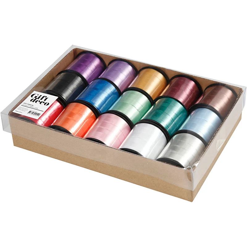 Kräuselband - Sortiment , B 10 mm, Glänzend, Sortierte Farben, 15x50 m/ 1 Pck [HOB-20231]