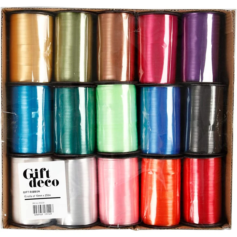 Kräuselband - Sortiment , B 10 mm, Glänzend, Sortierte Farben, 15x250 m/ 1 Pck [HOB-20230]