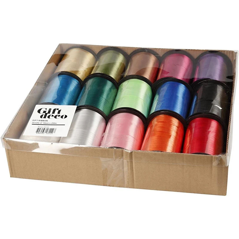 Kräuselband - Sortiment , B 10 mm, Glänzend, Sortierte Farben, 15x250 m/ 1 Pck [HOB-20230]