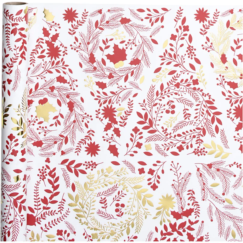 Geschenkpapier, Weihnachtsbäume, B 50 cm, 80 g, Gold, Rot, Weiß, 3 m/ 1 Rolle [HOB-191960]