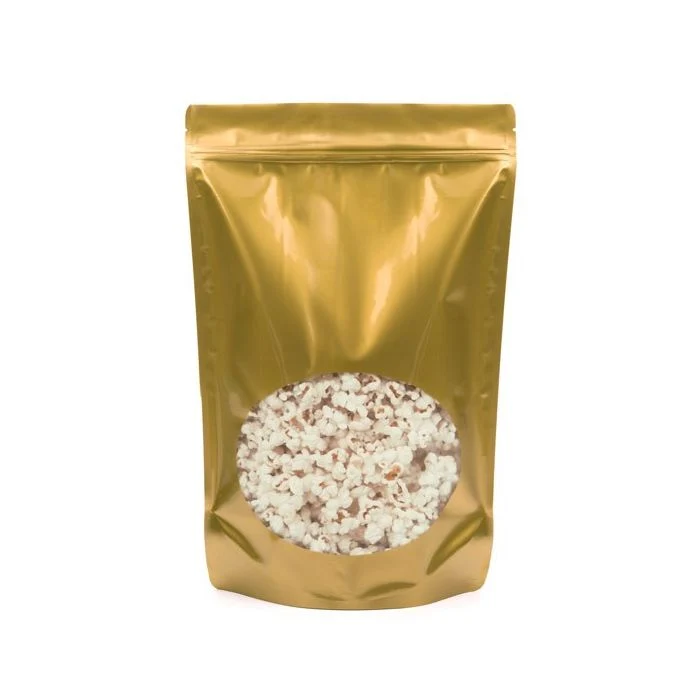 Standbodenbeutel Gold 23x12x34.5cm | 900 Gramm mit rundem Fenster (100 Stück) [ZBGO6G]