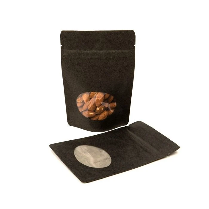 Standbodenbeutel Kraft Schwarz 17x9x28.5cm | 340 Gramm mit rundem Fenster (100 Stück) [ZBGO4BK]