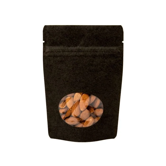 Standbodenbeutel Kraft Schwarz 10.2x6x15.2cm | 57 Gramm mit rundem Fenster (100 Stück) [ZBGO2BK]