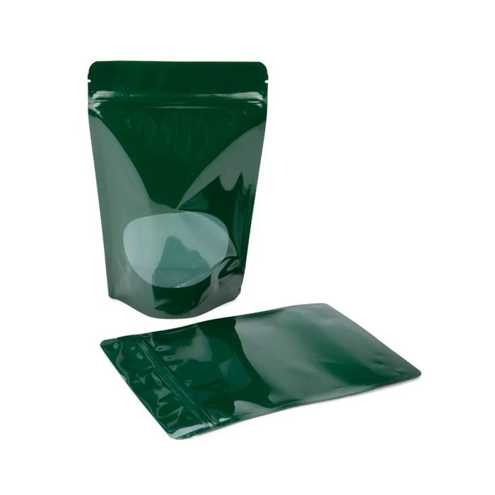 Standbodenbeutel Dunkelgrün 14.9x8.9x23.2cm | 310 Gramm mit rundem Fenster (100 Stück) [ZBGO7HG]