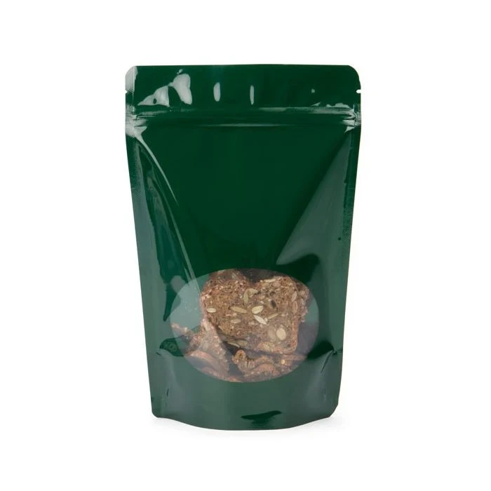 Standbodenbeutel Dunkelgrün 14.9x8.9x23.2cm | 310 Gramm mit rundem Fenster (100 Stück) [ZBGO7HG]